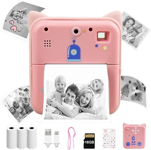 Kids' Instant Print Camera, Featuring a Thermal Printing Function, viewfinder, and 3 Rolls of Paper Film. Includes a complimentary Classic App Compatible with iOS & Android. Available in Pink. in Kuwait