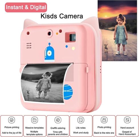 Kids' Instant Print Camera, Featuring a Thermal Printing Function, viewfinder, and 3 Rolls of Paper Film. Includes a complimentary Classic App Compatible with iOS & Android. Available in Pink. in Kuwait