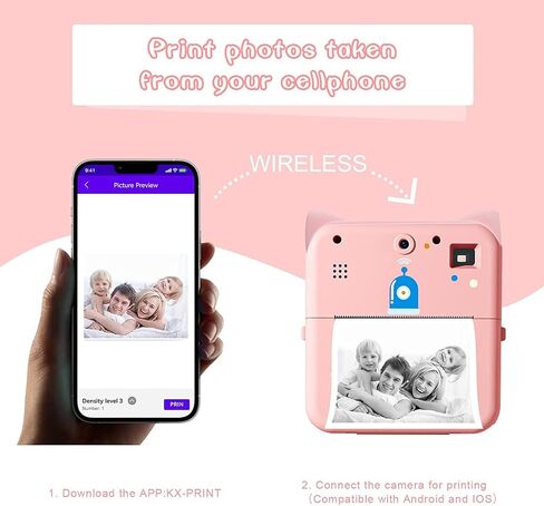 Kids' Instant Print Camera, Featuring a Thermal Printing Function, viewfinder, and 3 Rolls of Paper Film. Includes a complimentary Classic App Compatible with iOS & Android. Available in Pink. in Kuwait