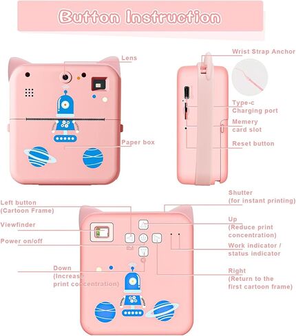 Kids' Instant Print Camera, Featuring a Thermal Printing Function, viewfinder, and 3 Rolls of Paper Film. Includes a complimentary Classic App Compatible with iOS & Android. Available in Pink. in Kuwait