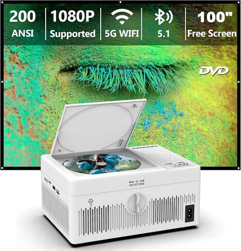 PANSEBA 5G WiFi Bluetooth Projector Built in DVD Player with Projector Screen, 10000 Lux Full HD Supported Mini Portable DVD Projector, Outdoor Movie Projector Compatible with Phone/TV Stick/HDMI in Saudi Arabia