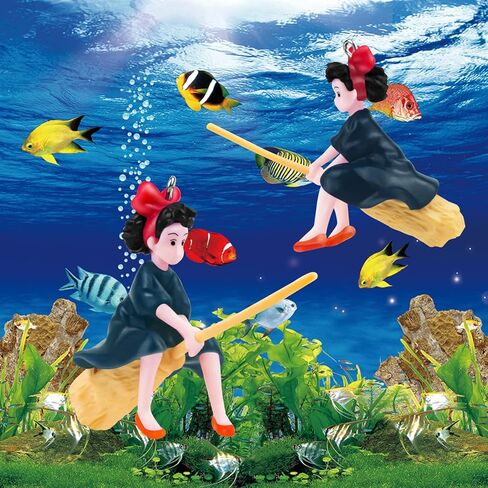 PSMILE 2 قطعة خزان الأسماك العائمة كيكي شخصية خدمة التوصيل مع كرة عائمة جميلة فتاة ساحرة صغيرة ديكورات خزان الأسماك لعبة الأسماك ديكور المناظر الطبيعية العائمة in Kuwait