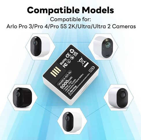عبوتان من بطارية بديلة لـ Arlo pro 4، 2024 بطارية ليثيوم عالية السعة 5000 مللي أمبير في الساعة، متوافقة مع كاميرا Arlo Pro 5/5S 2K/Arlo Pro 3/Pro 4/Ultra/Ultra 2 in Kuwait