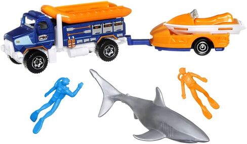 مجموعة لعب السيارة المصبوبة من Matchbox Hitch & Haul - إنقاذ هجوم سمك القرش للغواص في أعماق البحار ~ مجموعة من 7 قطع ~ شاحنة إنقاذ رابيدز مع طوف قابل للفصل يسحب مقطورة مع جت سكي ~ تتضمن سمكة قرش وغواصين in Saudi Arabia
