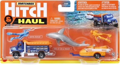 مجموعة لعب السيارة المصبوبة من Matchbox Hitch & Haul - إنقاذ هجوم سمك القرش للغواص في أعماق البحار ~ مجموعة من 7 قطع ~ شاحنة إنقاذ رابيدز مع طوف قابل للفصل يسحب مقطورة مع جت سكي ~ تتضمن سمكة قرش وغواصين in Saudi Arabia