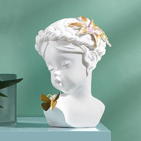 awnr الأبيض رئيس النحت فتاة التماثيل خمر مع الزنابق الوردي والفراشة الذهبية الراتنج تمثال الذهب ديكور المقتنيات الجمالية ديكور المنزل الفريد لرف طاولة القهوة للفتيات in Kuwait