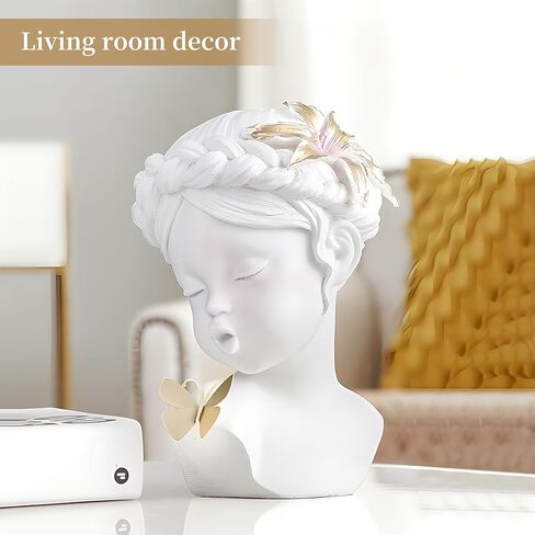 awnr الأبيض رئيس النحت فتاة التماثيل خمر مع الزنابق الوردي والفراشة الذهبية الراتنج تمثال الذهب ديكور المقتنيات الجمالية ديكور المنزل الفريد لرف طاولة القهوة للفتيات in Kuwait