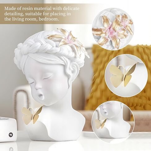 awnr الأبيض رئيس النحت فتاة التماثيل خمر مع الزنابق الوردي والفراشة الذهبية الراتنج تمثال الذهب ديكور المقتنيات الجمالية ديكور المنزل الفريد لرف طاولة القهوة للفتيات in Kuwait