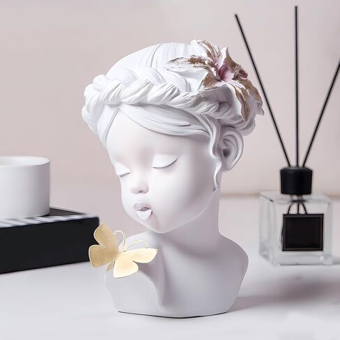 awnr الأبيض رئيس النحت فتاة التماثيل خمر مع الزنابق الوردي والفراشة الذهبية الراتنج تمثال الذهب ديكور المقتنيات الجمالية ديكور المنزل الفريد لرف طاولة القهوة للفتيات in Kuwait