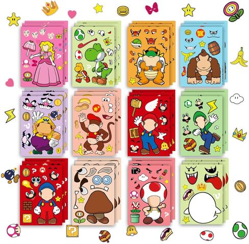 36Pcs Mario Make a Face Stickers,Cartoon Stickers Book Crafts for Kids,DIY Mario Party Supplies Favors Make Your Own Stickers Mixed and Matched with Different Designs Characters for Birthday Gifts Class Reward Book Decor Cartoon Stickers Book Crafts for K in Kuwait