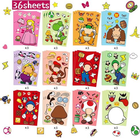36Pcs Mario Make a Face Stickers,Cartoon Stickers Book Crafts for Kids,DIY Mario Party Supplies Favors Make Your Own Stickers Mixed and Matched with Different Designs Characters for Birthday Gifts Class Reward Book Decor Cartoon Stickers Book Crafts for K in Kuwait