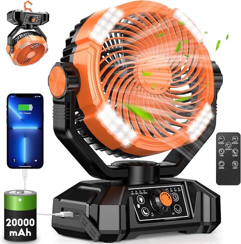Zmirne Portable Camping Fan with LED Lantern, 20000mAh Rechargeable Battery Operated Fan with Remote & Oscillating, USB-C Charging Personal Fan for Outdoor Travel, Fishing, Power Outage Hurricane in Saudi Arabia