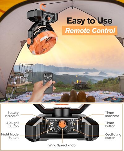Zmirne Portable Camping Fan with LED Lantern, 20000mAh Rechargeable Battery Operated Fan with Remote & Oscillating, USB-C Charging Personal Fan for Outdoor Travel, Fishing, Power Outage Hurricane in Saudi Arabia