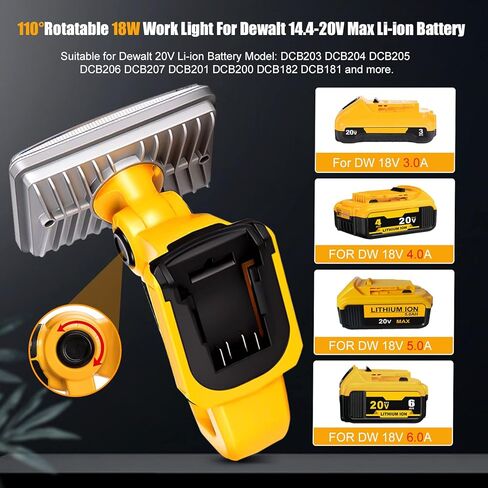 ضوء عمل LED لبطارية DeWalt 20V Max، 18W 2000LM مصباح بطارية لاسلكي مع دوران 90 درجة / منفذ USB / حماية الجهد المنخفض / رأس مصباح تبديد الحرارة من سبائك الزنك 5 بوصات لورشة العمل (بدون بطارية) in Kuwait