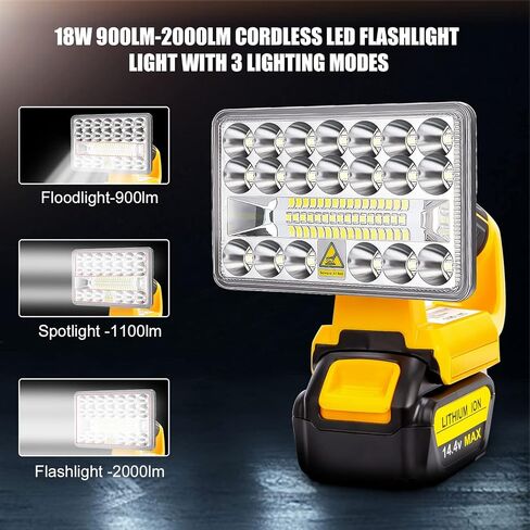 ضوء عمل LED لبطارية DeWalt 20V Max، 18W 2000LM مصباح بطارية لاسلكي مع دوران 90 درجة / منفذ USB / حماية الجهد المنخفض / رأس مصباح تبديد الحرارة من سبائك الزنك 5 بوصات لورشة العمل (بدون بطارية) in Kuwait