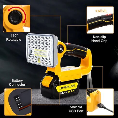 ضوء عمل LED لبطارية DeWalt 20V Max، 18W 2000LM مصباح بطارية لاسلكي مع دوران 90 درجة / منفذ USB / حماية الجهد المنخفض / رأس مصباح تبديد الحرارة من سبائك الزنك 5 بوصات لورشة العمل (بدون بطارية) in Kuwait