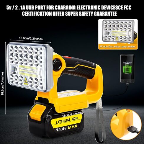ضوء عمل LED لبطارية DeWalt 20V Max، 18W 2000LM مصباح بطارية لاسلكي مع دوران 90 درجة / منفذ USB / حماية الجهد المنخفض / رأس مصباح تبديد الحرارة من سبائك الزنك 5 بوصات لورشة العمل (بدون بطارية) in Kuwait