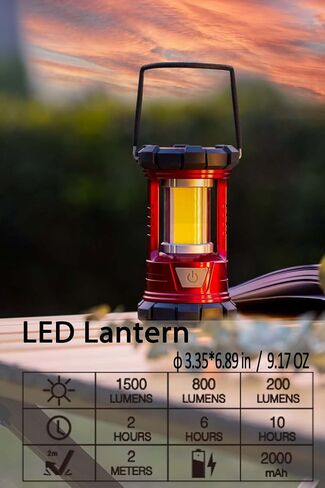 فانوس تخييم قابل لإعادة الشحن، 1500 لومن 3 أوضاع إضاءة للتخييم وشاحن هاتف LED ومصباح يدوي مدمج، فوانيس إعصار محمولة مقاومة للماء للطوارئ، في الهواء الطلق، انقطاع التيار الكهربائي (2) in Saudi Arabia