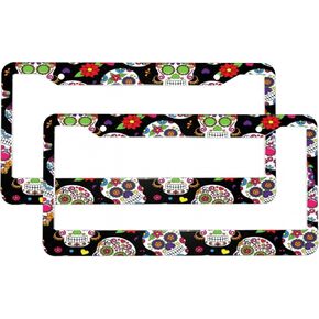 Black Flowers Skulls License Plate Frame Funny Hippie Skull License Plate Cover Colorful License Plates 2 Pack 2 HolesTag Car Plate Frame Covers 12.3 "x 6.3" Rust-Proof Decorative for Men Women