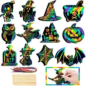 48 Pieces Halloween Scratch Art for Kids, DIY Rainbow Magic Scratch Paper, Bat Pumpkin Halloween Haunted House Arts and Crafts Ornaments for Classroom Activity Party Favor Holiday Decor