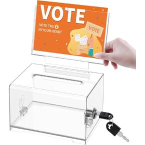Donation Box with Sign Holder, Tip Jar, Clear Ballot Box with Lock, Transparent Donation Boxes for fundraising, Lock Box for Vote, Suggestion, Cards, Ticket, Prayer, Cash, Money, Tip (Clear-1Pack)