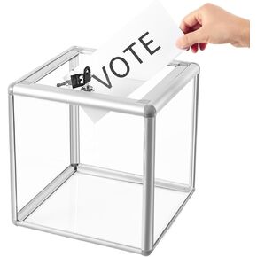 Large Donation Box with Lock, Acrylic Ballot Box with Slot 10 x 10 x 10 Inch, Suggestion Box with Lock Cash Storage Container for Fundraising Voting Charity Contest Tip