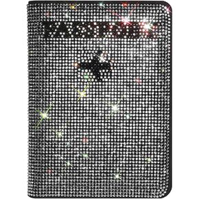 Passport Holder Cover,Crystal Diamond Ladies Key Purse Bag Passport Holder Case Leather Travel Documents Organizer Protector with Bling Rhinestone Luggage Tag (White)