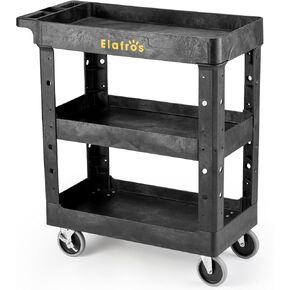 ELAFROS 3 Shelf Heavy Duty Utility Cart, 34" x 17" x 38.5", Rolling Work Cart with 4 Swivel Wheels, Deep Shelves, Safely Holds up to 550 lbs 3-Tier Service Cart Tool Cart, Black