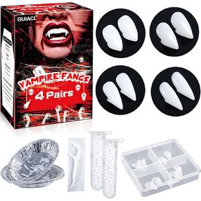 Vampire Teeth for Adult Fake Fangs Realistic, 4 Pairs, Vampire Fangs with Strong Denture Adhesive Beads Halloween Costume Accessories for Women Cosplay Gift
