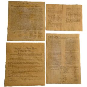 Treasure Gurus 4 Antiqued Dyed Parchment Paper Historical Documents Declaration of Independence, Bill of Rights, US Constitution, Gettysburg Address