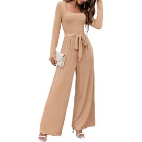 Jumpsuits For Women Dressy Long Sleeve Square Neck Casual Belted Wide Leg Long Pants Romper One Piece Outfits
