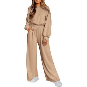 PRETTYGARDEN Women's Fall One Piece Jumpsuits Dressy Casual Long Sleeve Elastic Waist Pockets Wide Leg Long Pants Rompers