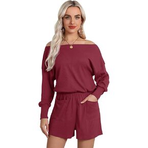 Women Backless Off The Shoulder Romper Long Sleeve Ribbed Knit Shorts Jumpsuit Casual Open Back Loose Lounge Rompers