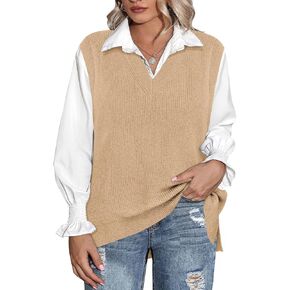 CARCOS Plus Size Sweater Vest for Women V Neck Sleeveless Sweaters Knit Tank Tops Preppy Style Pullover Tops XL-5XL