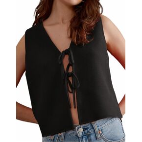 Women's Tie Knit Vest Crochet Sleeveless Open Front Cardigan Sweater Vest Top