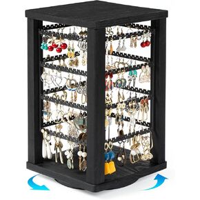 Emfogo 360 Earring Holder Organizer, Rustic Wood Earring Stand, Rotating Wooden Earring Display, 4 Tiers Earring Organizer Stand for Stud Earrings, Hoop Earrings & Necklaces, Women Gifts in Kuwait