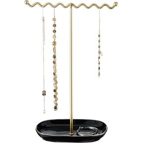 Elegant Jewelry Holder Stand: Metal Tree & Ceramic Tray Organizer for Necklaces, Rings, Earrings - Durable, Rustproof Display Holder Easy to Access Deluxe White