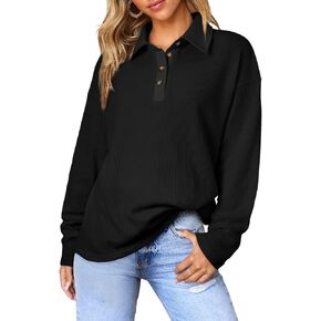 SHEWIN Polo Shirts for Women Casual Waffle Knit V Neck Collared Long Sleeve Shirt Button Tunics Tops