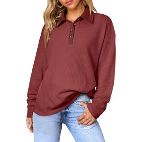 SHEWIN Polo Shirts for Women Casual Waffle Knit V Neck Collared Long Sleeve Shirt Button Tunics Tops