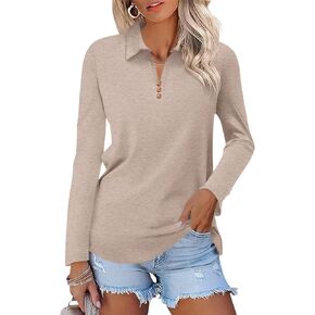 Women's Long Sleeve Tops V Neck Button Polo Shirts Casual Basic Tees Blouse