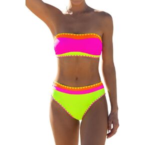 popvil Women's Neon Color Block Bandeau Swimsuits Strapless Bikini Sets Two Piece Bathing Suits