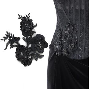 Beaded Appliques Embellishments Handcrafted Sequin Clothing Accent 3D Lace Beads Flower Patches Sew on Tiny Sparkling Floral Accessory DIY Sequin Craft Dress Adornment (LQ010-GD)
