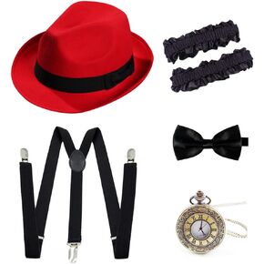 Gionforsy 1920s Accessories for Men 20s Gatsby Gangster Costume Accessories Set Felt Fedora Panama Hat Roaring 20s Costume