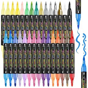 30 Colors Dual Tip Acrylic Paint Markers Pens- Premium Acrylic Paint Markers, Brush & Round Tips, Quick-Drying - For Rock, Canvas, Ceramic, Wood - Gift for Artists & DIY Enthusiasts