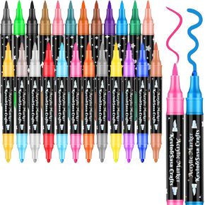 24 Colors Dual Tip Acrylic Paint Marker Pens Set, Multifunctional Acrylic Tips with Glitter Pen Body, Professional Acrylic Paint Pens for Wood, Canvas, Rock Painting, Glass, DIY Crafts Art Supplies