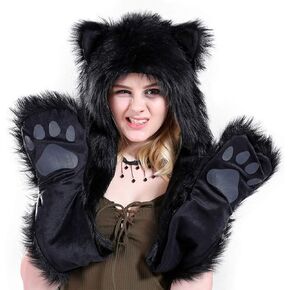 FHQHTH 3 in 1 Faux Fur Animal Hood with Paws Fuzzy Novelty Wolf Hats Gloves Scarf Winter Cosplay Hoods Halloween Cosplay