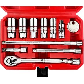 WETT 12Pcs Spark Plug Socket Set, 3/8" Drive Ratchet Handle with Mirror Polished Sockets, Spark Plug Gapper, Universal Joint and Extension Bar, Spark Plug Removal Tool with Rubber Retaining Ring