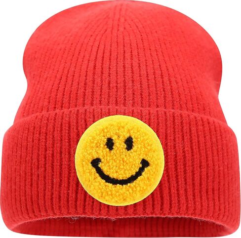 Smiley Face Embroidered Beanie Hat Happy Graphic Cuffed Skull Cap Cute Pattern Winter Warm Watch Hats for Women, Men in Saudi Arabia
