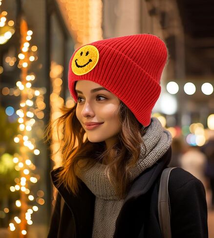 Smiley Face Embroidered Beanie Hat Happy Graphic Cuffed Skull Cap Cute Pattern Winter Warm Watch Hats for Women, Men in Saudi Arabia