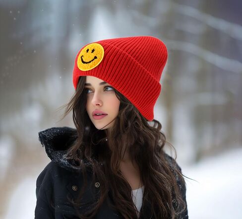 Smiley Face Embroidered Beanie Hat Happy Graphic Cuffed Skull Cap Cute Pattern Winter Warm Watch Hats for Women, Men in Saudi Arabia